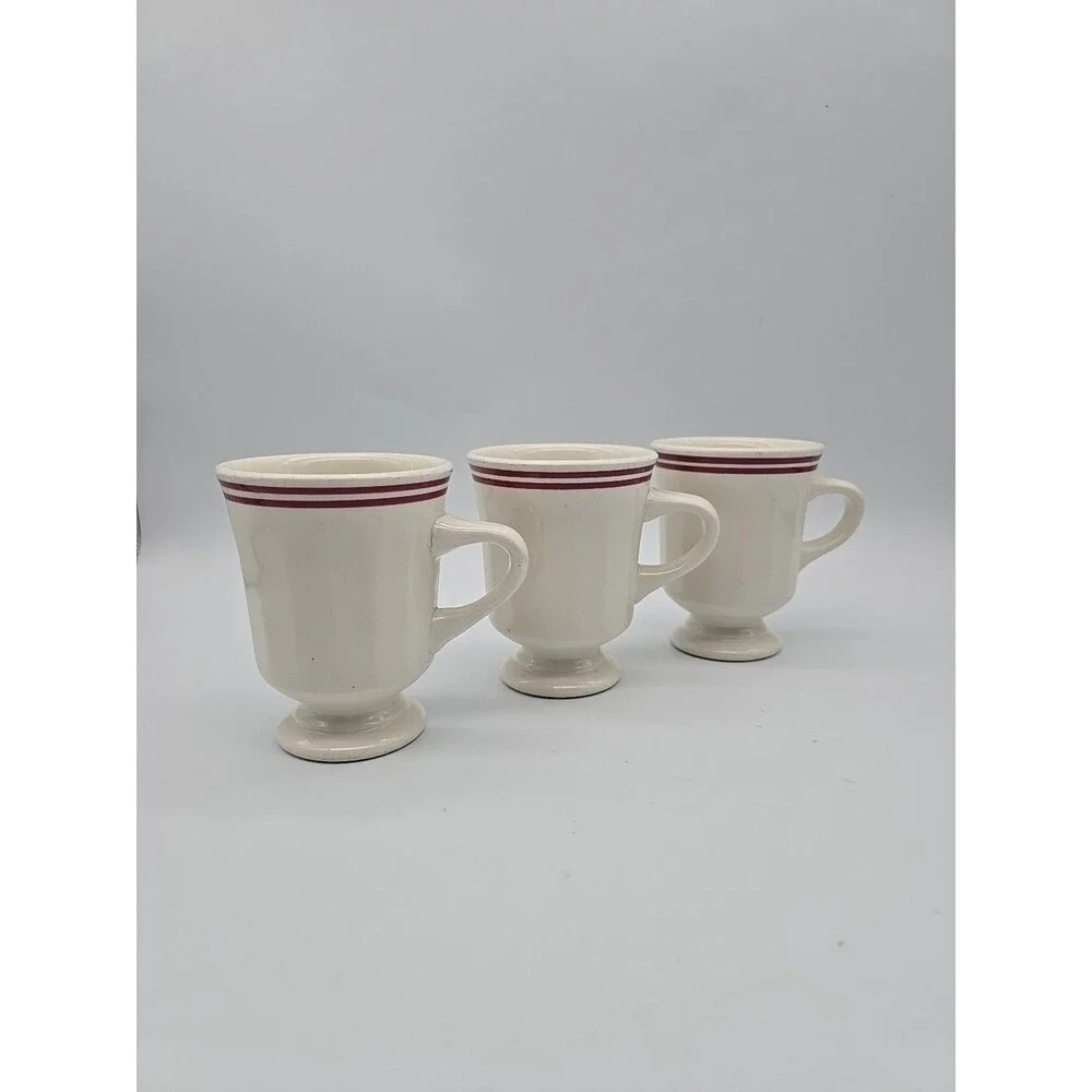 VTG Buffalo China Restaurant Ware Pedestal Coffee Mugs USA Set/3 Red Pin Striped